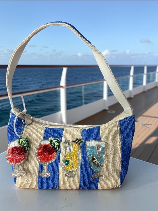 Handbags - VIRAL Hand Beaded Cocktail Stripe Shoulder Bag - Blue & Cream-NWT